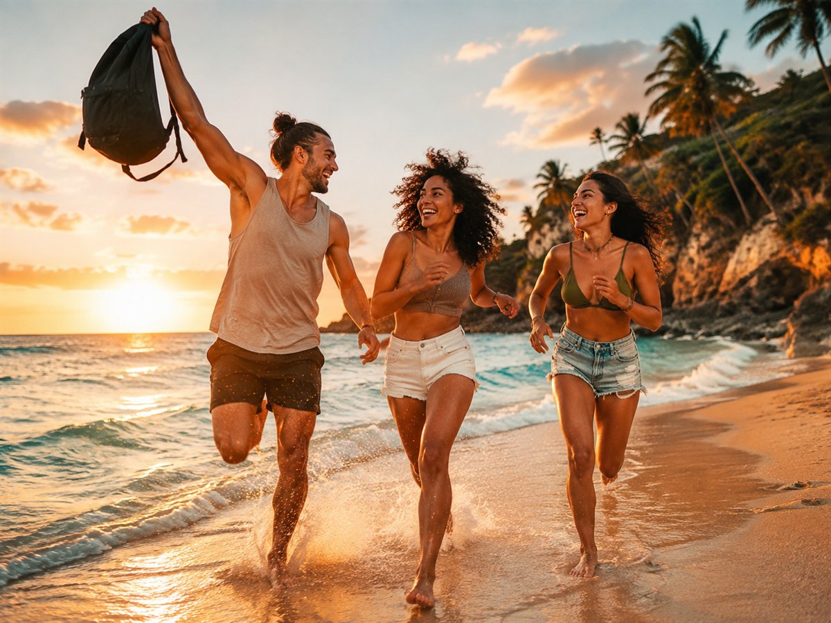 Friends running together on a tropical beach at sunset